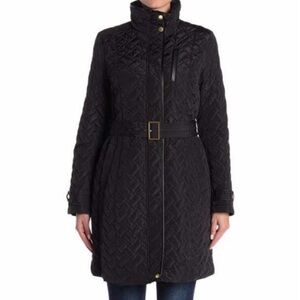 Cole Haan Black Quilted Funnel Neck Coat M
